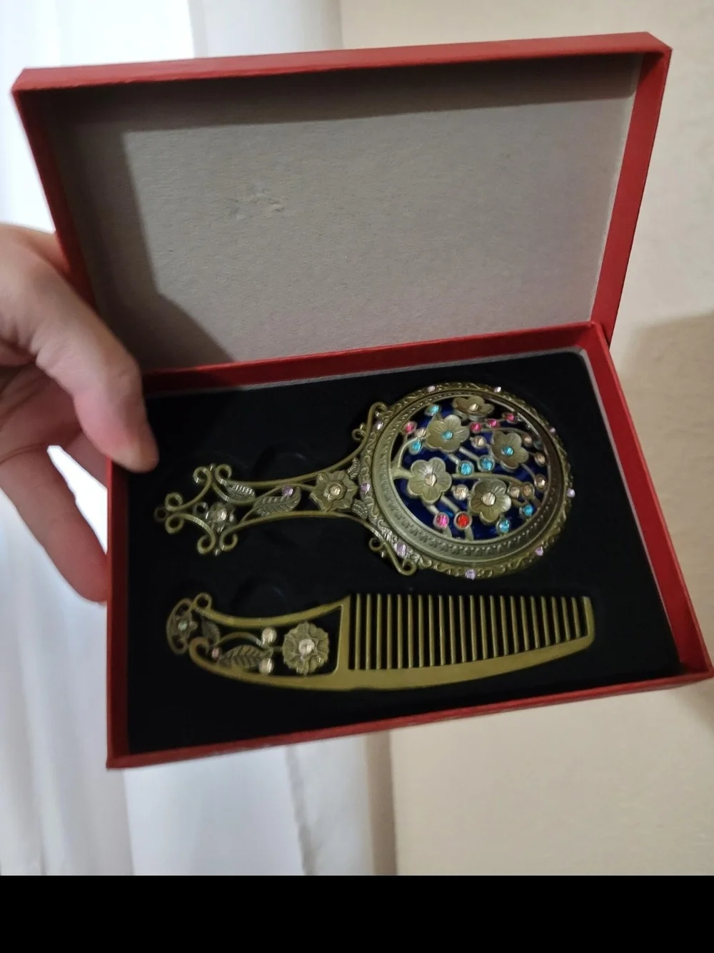 Antique-Style Gold Hand Mirror and Comb Set - Floral Inlay